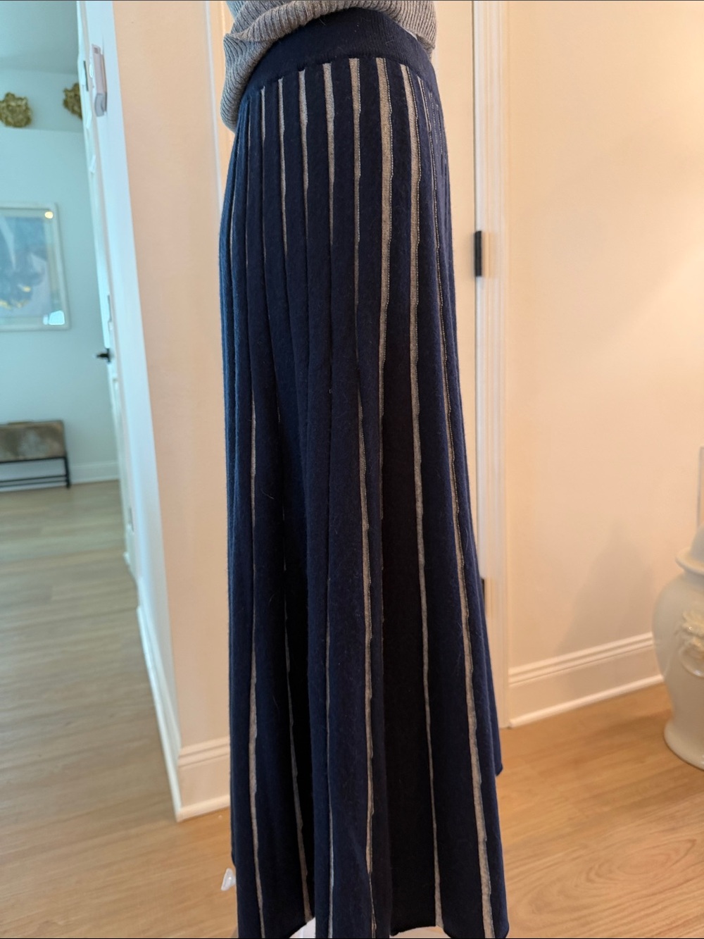 Pure Collection Navy and Cream Striped Knit Midi Skirt - Picture 4 of 8